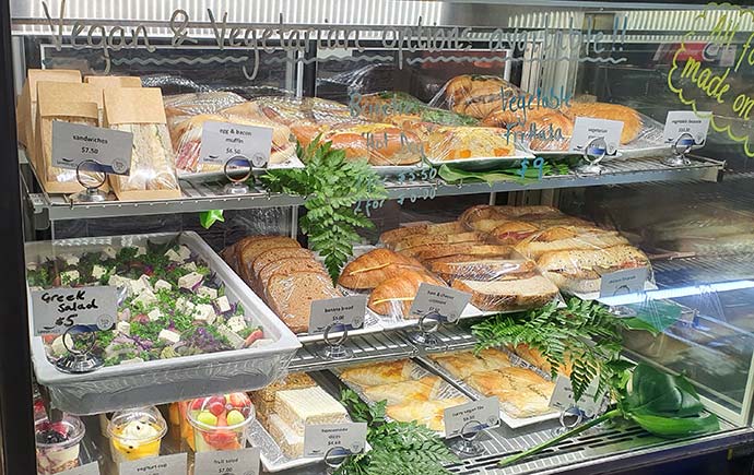 Flipboard's sandwich fridge filled with a variety of lunch options