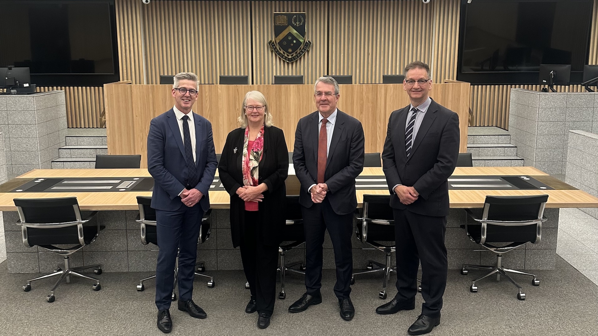 Professor Mike Ryan Interim Deputy Vice-Chancellor (Research), Interim Law Dean Marilyn Pittard, Attorney-General Mark Dreyfus, Professor Jonathan Clough 