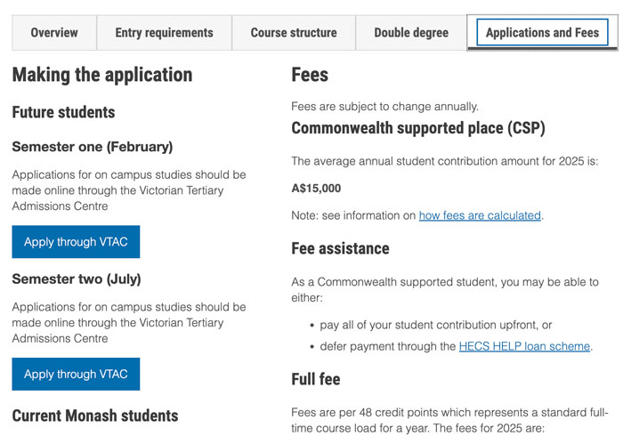 Course fees tab in find a course