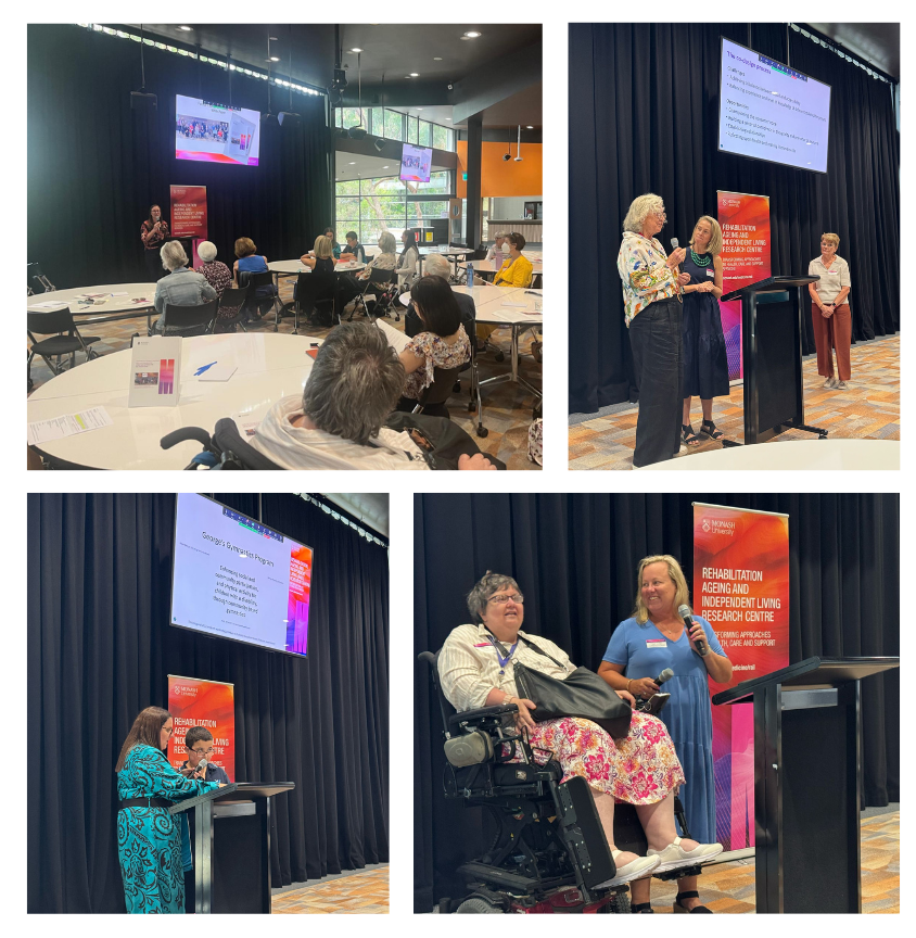 A collage of 4 photos. 1) top left corner: a person holding a microphone and presenting in front of an audience seating in groups around round  tables. 2) top right corner: a person holding a microphone with two other persons looking at them and a large screen behind them. 3) bottom left corner: a person at a lectern holding a microphone for a child who is speaking with a large screen behind them. 4) bottom right corner: a person in a motorised wheelchair behind a lectern with another person standing next to them holding a microphone. The red and pink RAIL Research Centre pull-up banner can be seen in the background.