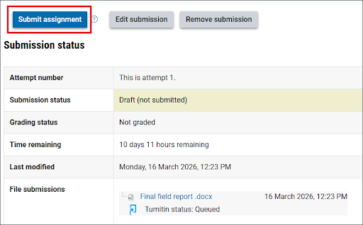 Screenshot of the submit assignment box in Moodle