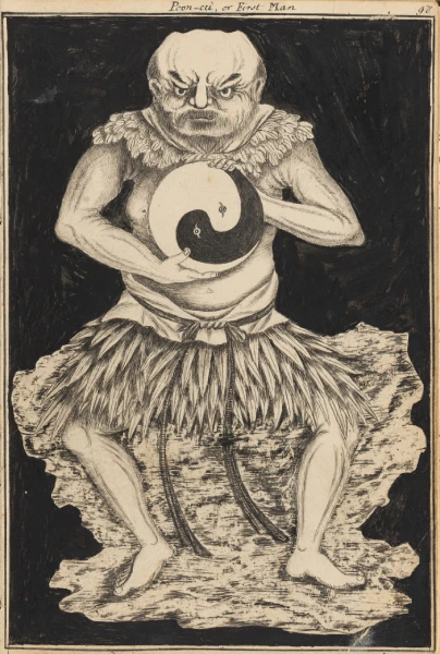 A hand-drawn image of a person holding a Taijitu symbol (yin and yang) 