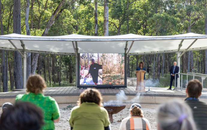 Nikhila Madabhushi (Monash Art, Design and Architecture) and Troy McDonald (GLaWAC) giving a keynote on Day 1 of the NIDR Gathering 2026 - credit Gabrielle Connole Photography