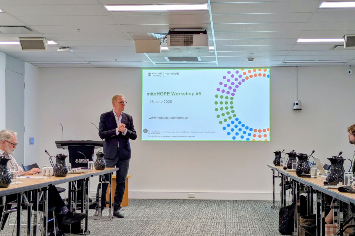 Professor John Carroll speaking at the mitoHOPE workshop in Melbourne