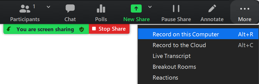 Zoom recording controls during screenshare.