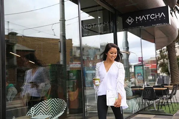 Sarah Halloway walking the cafe Matcha