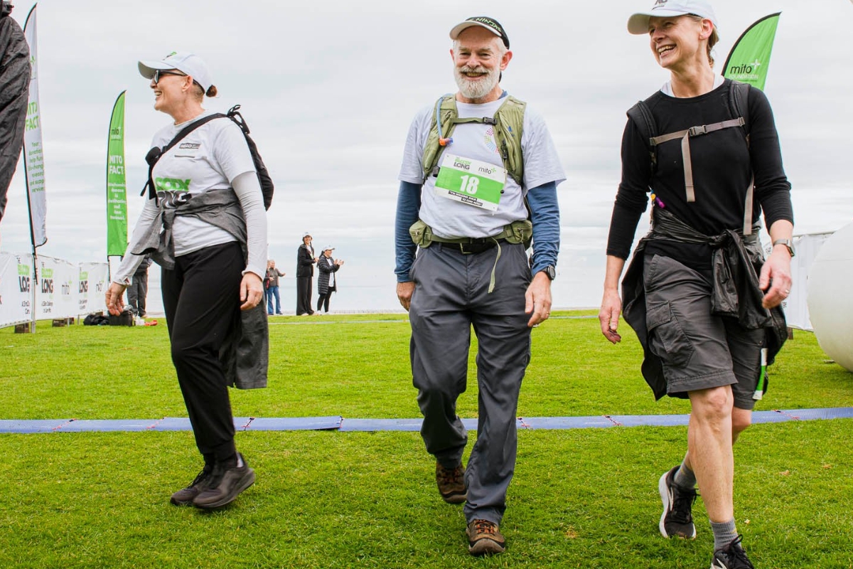 Professor David Thorburn crosses the finish line for the 18 th time at  the Bloody Long Walk in Melbourne