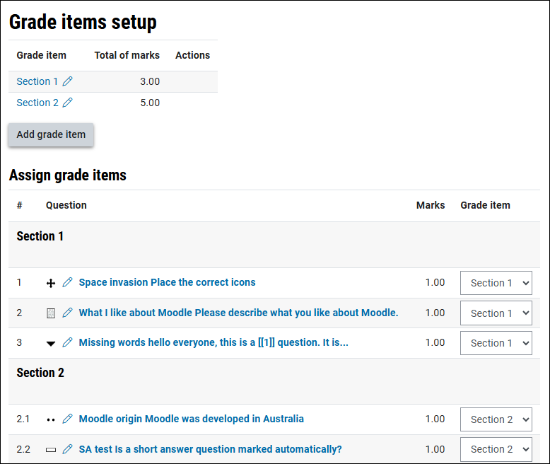 Screenshot of option to add grade items
