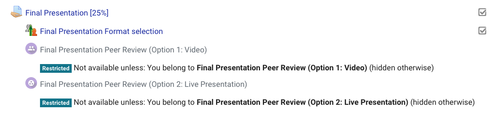 Image of final presentation Moodle assignment drop box. Below that there is a group self selection activity that allows students to self-assign themselves into the live presentation FBF activity, or online submission FBF activity
