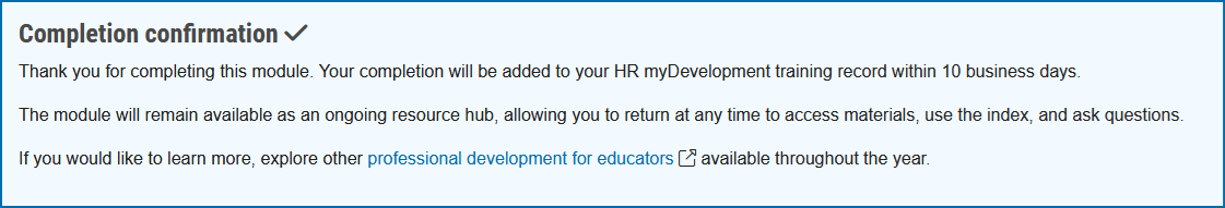 Example of a MEA completion confirmation message in Moodle