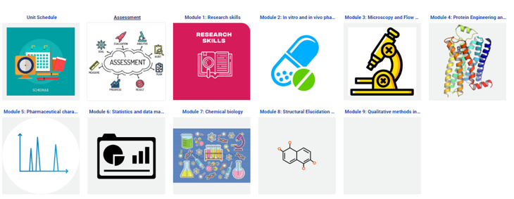 A screen shot of the Moodle homepage students see to select the modules they wish to enrol in. This includes a unit and assessment section, as well as access to each of the 11 modules. Each module is identifiable to students through the use of a heading and unique icon connected to the unit content. 