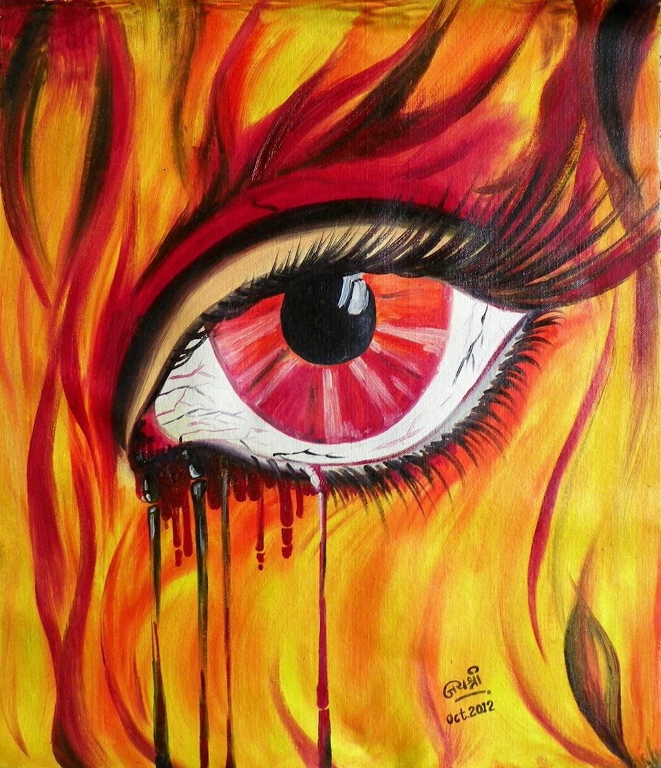 Painging of a close-up of an eye, with black and red tears. The skin appears like fire, in red , yellow and orange.