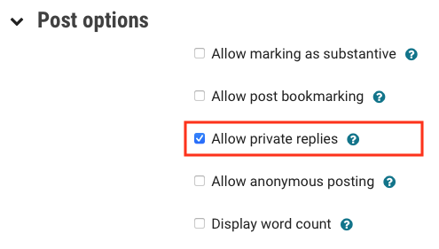 Image of forum post option settings, Allow private replies checkbox is ticked