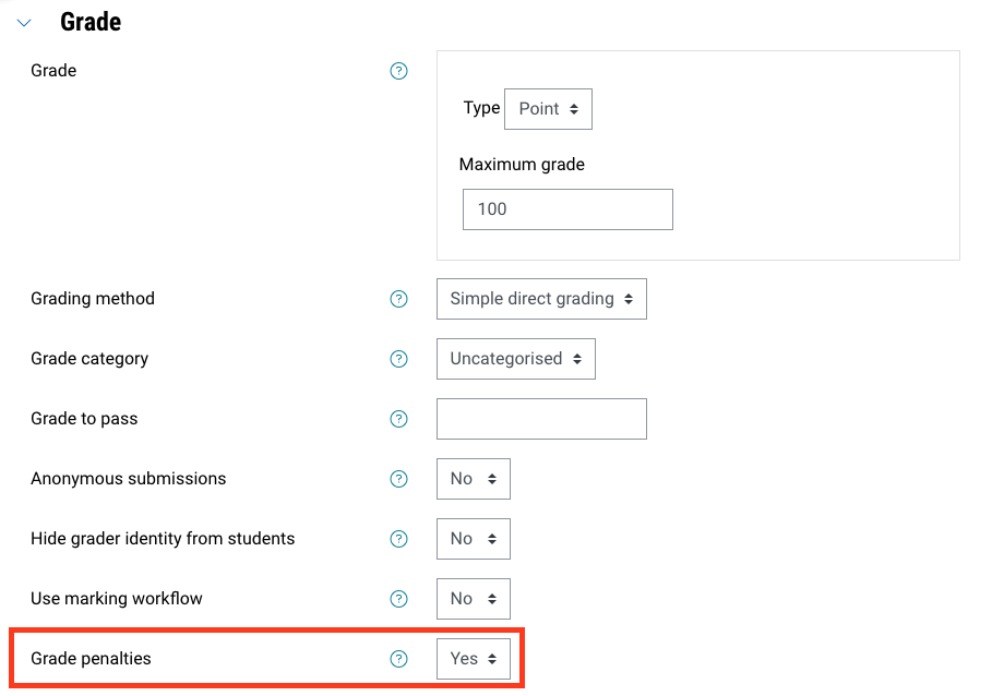 Screenshot of late penalties grade setting