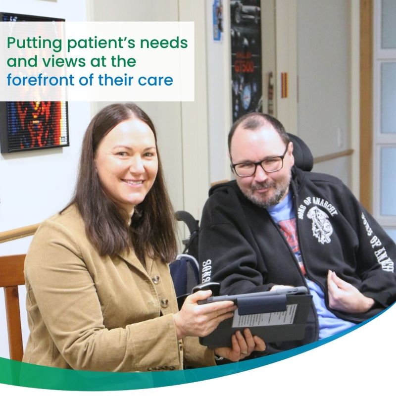 Rebecca Barnden with consumer Cade using the electronic tool