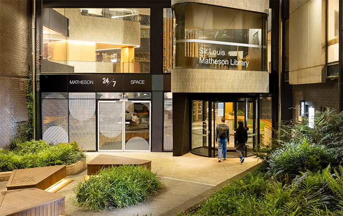 View of courtyard entrance to the 24/7 study space at Matheson Library, Clayton campus